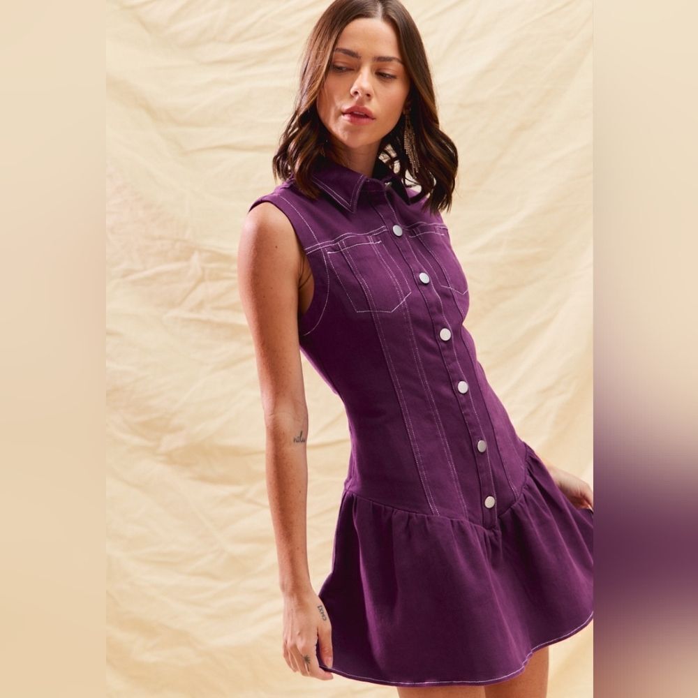 Purple Sleeveless Button-Down Dress White Stitching size Medium - Picture 4 of 14
